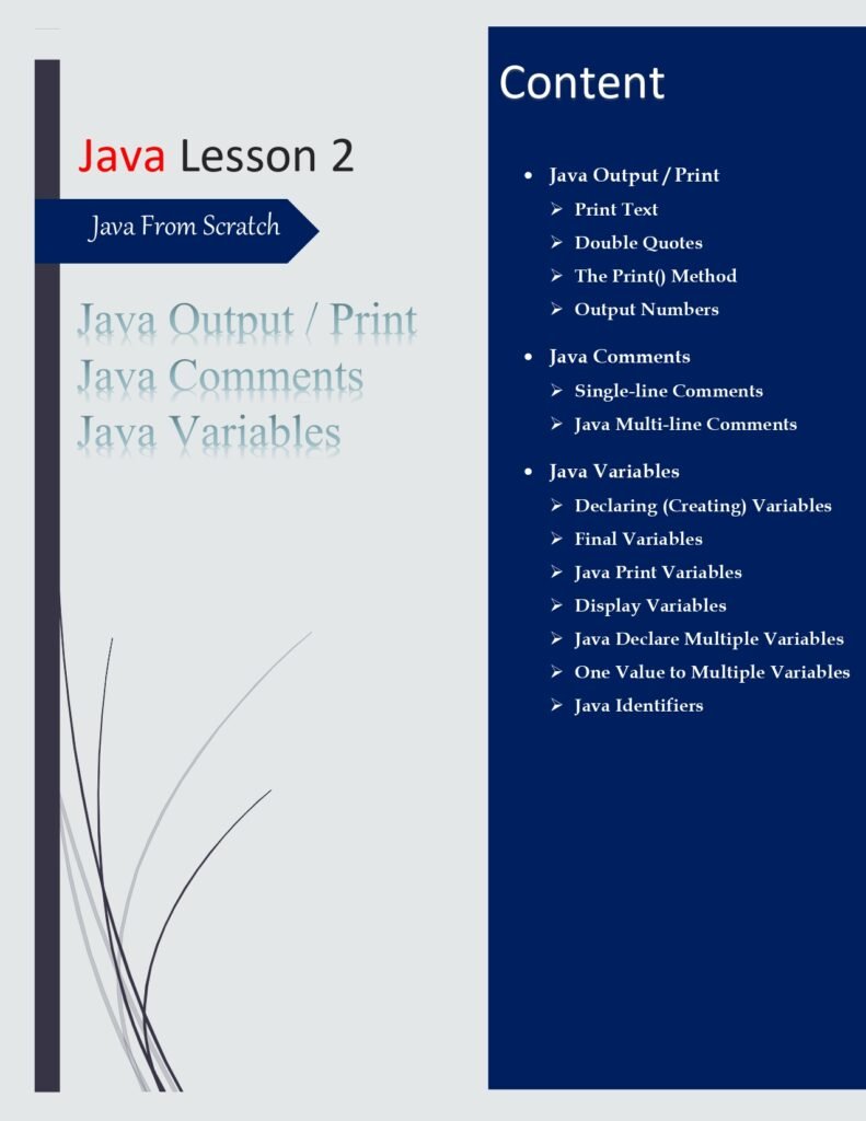 Java From Scratch Lesson 2 PDF (Java Output, Comments, and Variables)