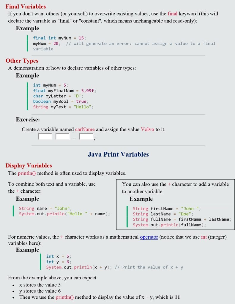 Java Print Variables