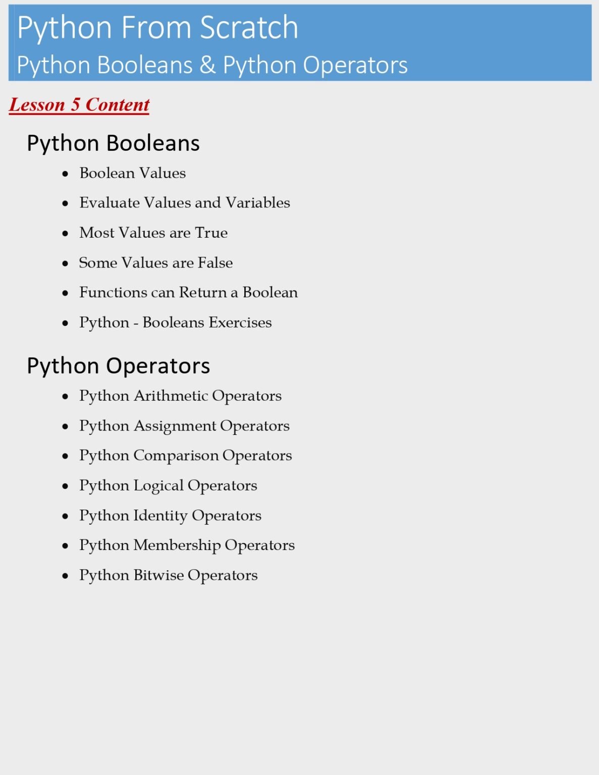 Python From Scratch Lesson 5 PDF (Python Booleans And Operators ...