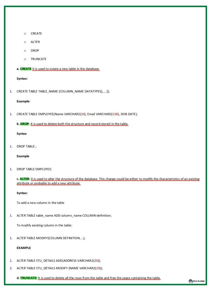 Simple SQL Notes Pdf