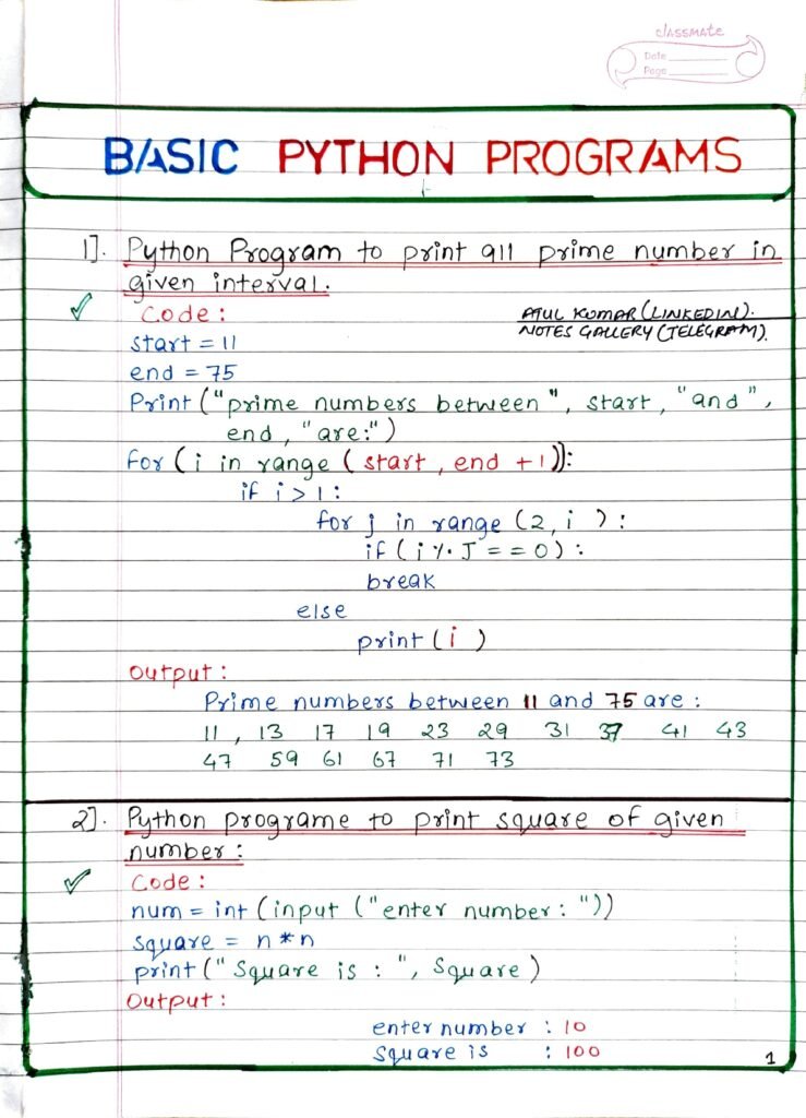 Basic Python Programs Handwritten PDF