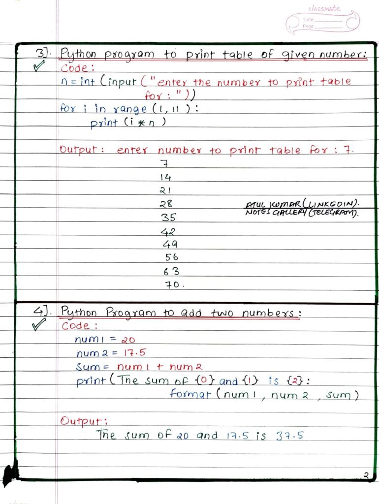 Basic Python Programs Handwritten PDF