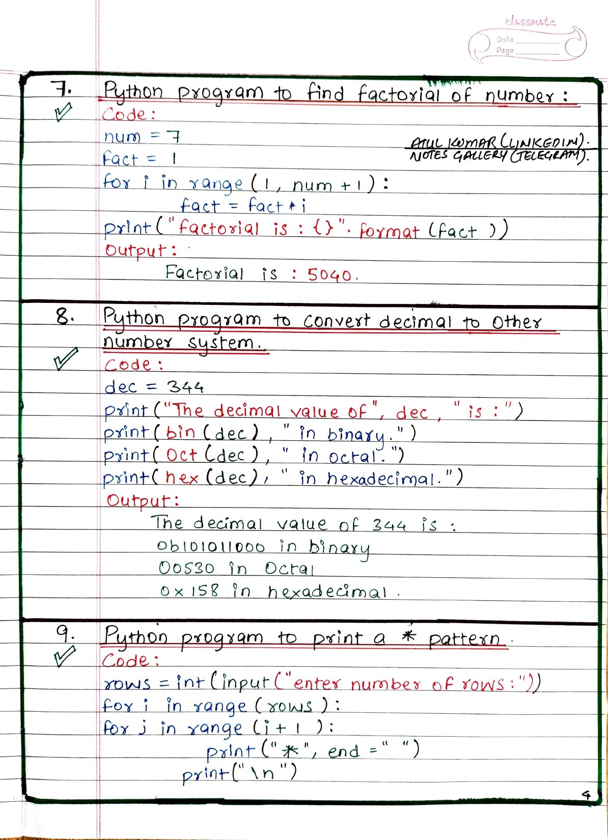 Basic Python Programs Handwritten PDF - Connect 4 Techs