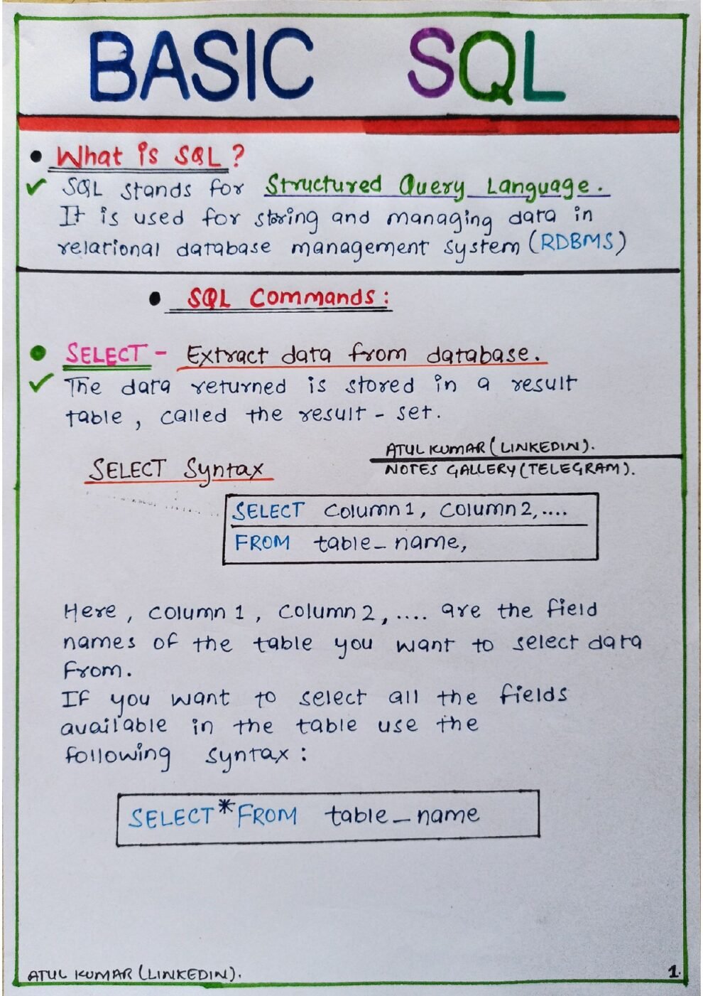 Basics of SQL Handwritten pdf - Connect 4 Techs
