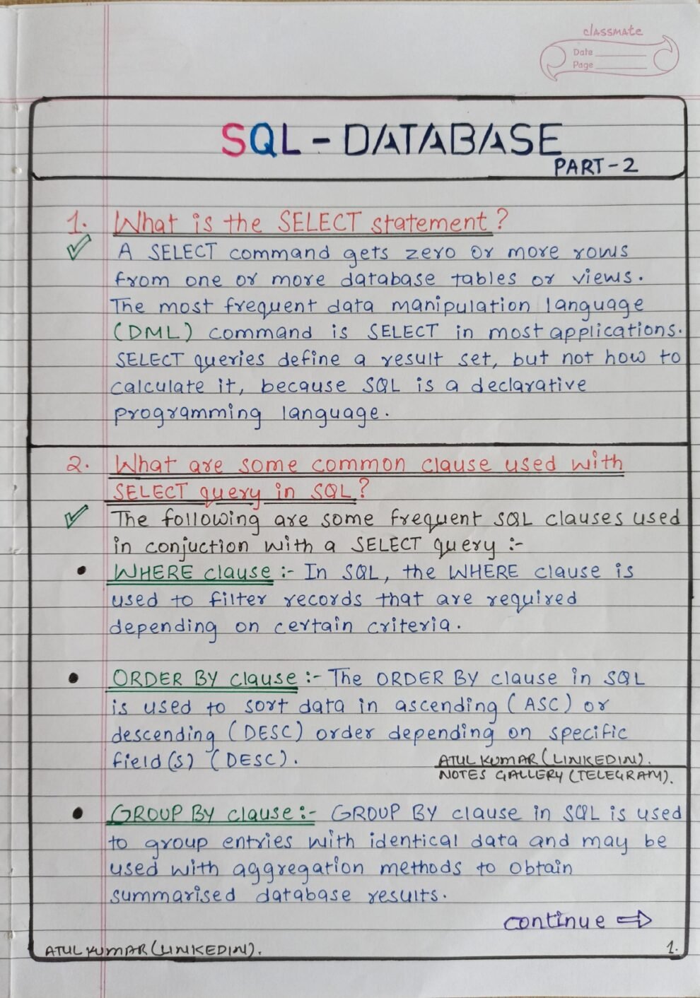 SQL DataBase HandWritten PART 2 - Connect 4 Techs