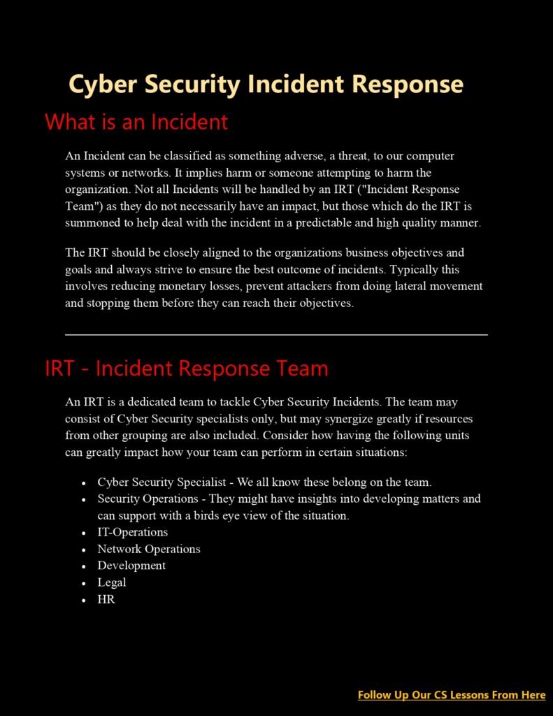 Cyber Security Incident Response (CS Lesson 14) PDF - Connect 4 Techs